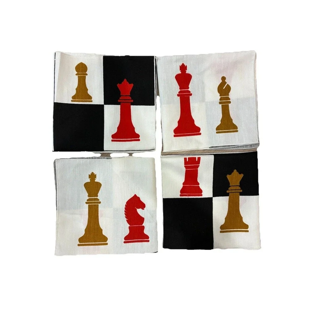 Set of 4 Vintage Linen Cloth Napkins Chess Themed Game Night